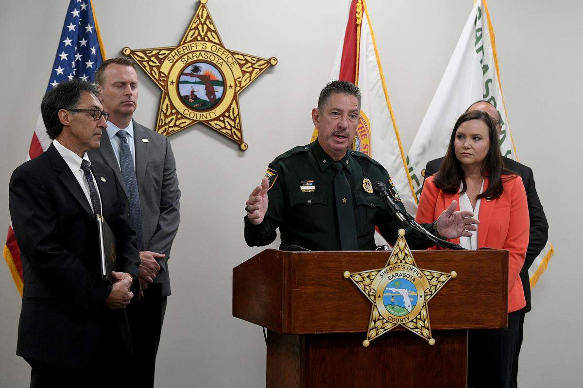 Sarasota County Sheriff Kurt Hoffman, center, with (from left) State Attorney Ed Brodsky, FDLE SAC Eli Lawson, Attorney General Ashley Moody and Sarasota Police Chief Rex Troche held a press conference in Sarasota to warn people of the dangers of the drug xylazine, also known as tranq, which is growing rapidly in popularity among drug users.