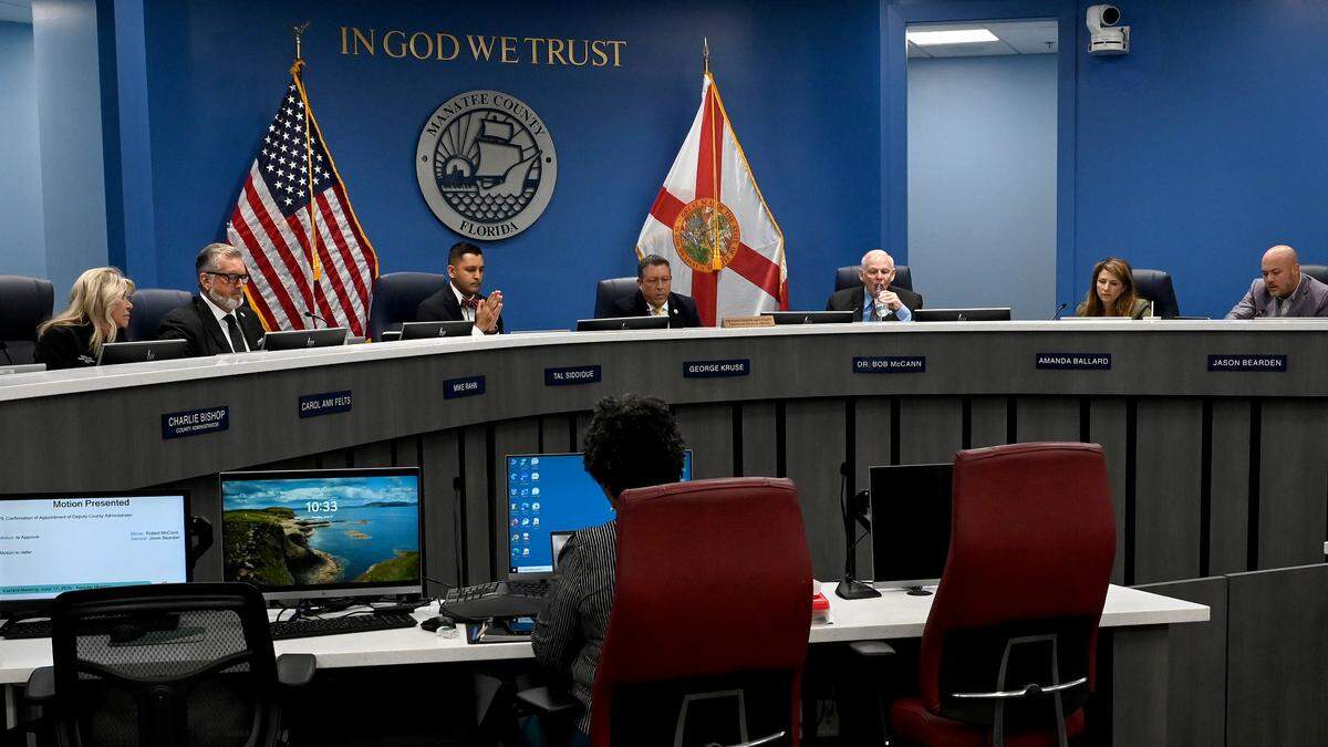 Manatee County commissioners are pictured during a public meeting on June 16, 2025.