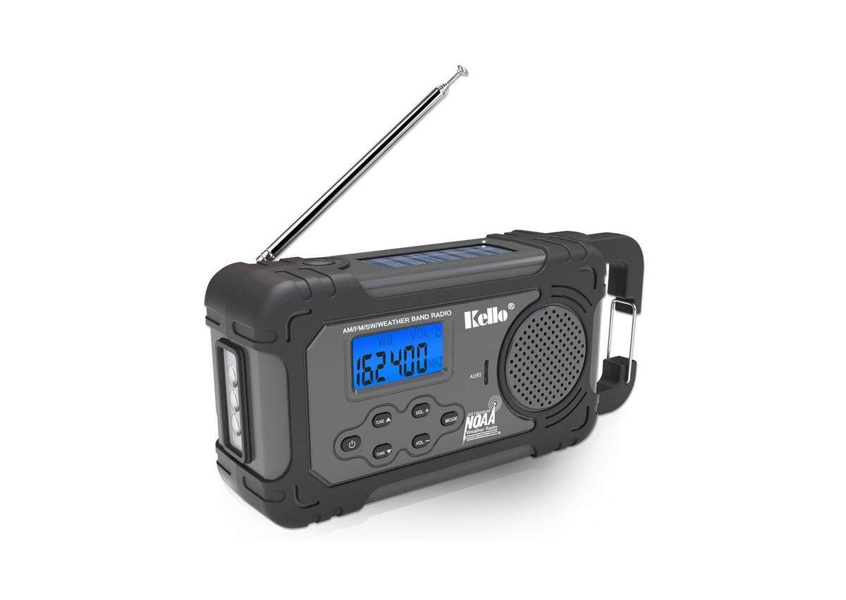 The Kello emergency radio receives weather alerts and has a built-in flashlight, smart phone charger and alarm clock.