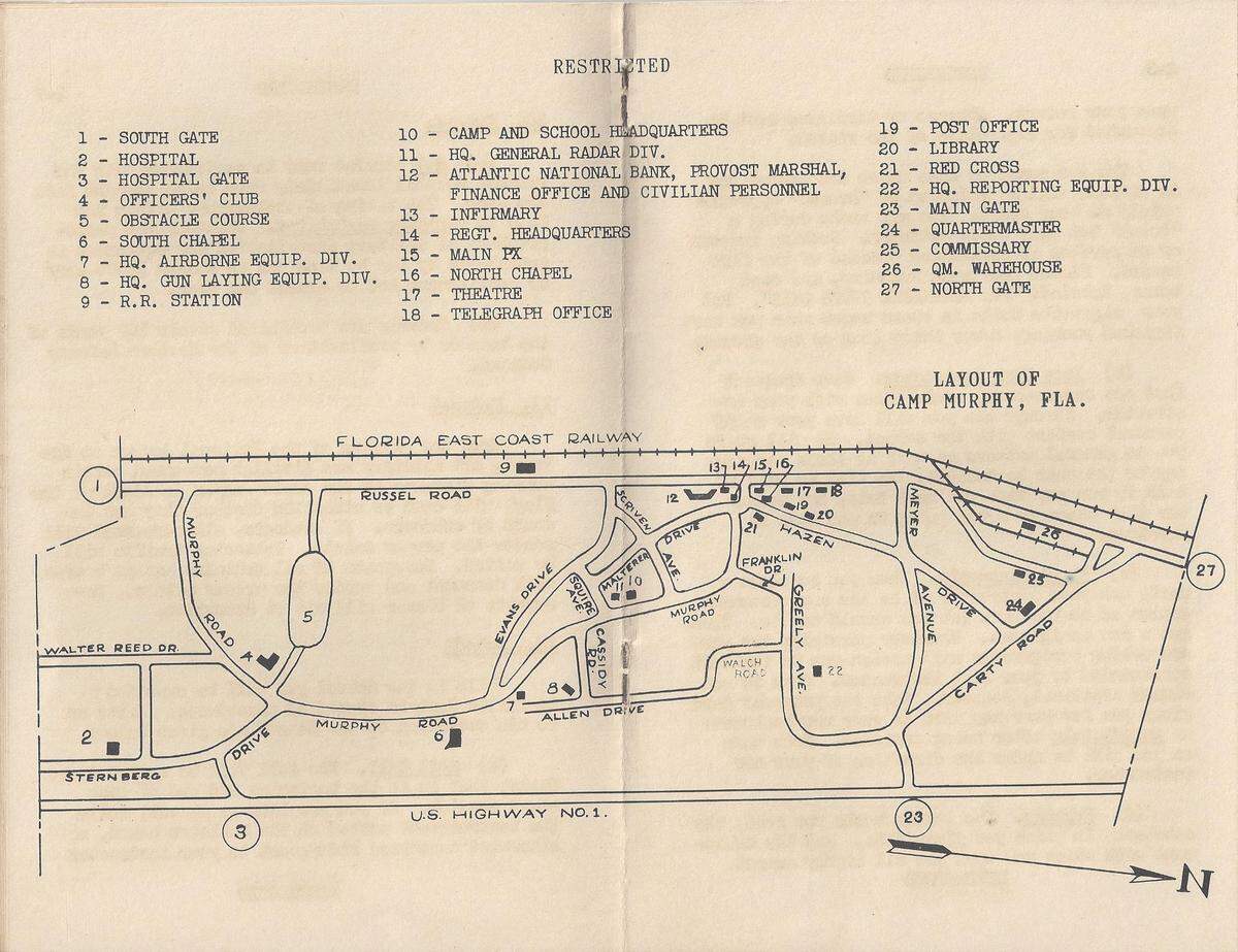 A map of Camp Murphy that was found in “Helpful hints for Enlisted Students: The Southern Signal Corps School, Camp Murphy, Florida.”
