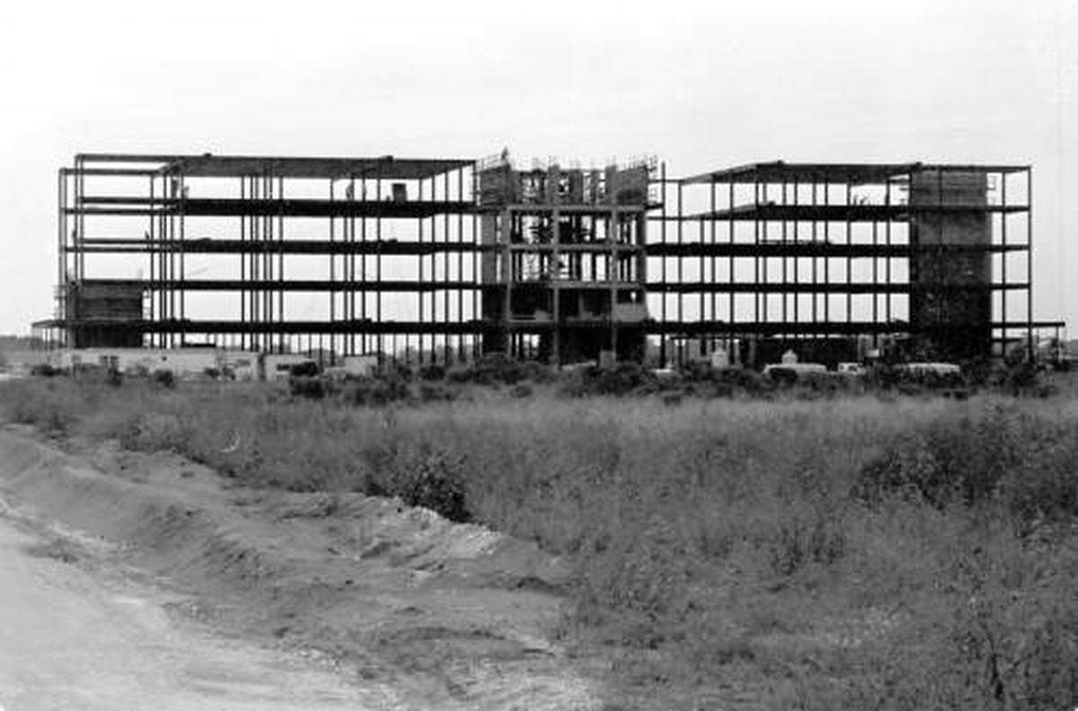 A historic photo shows L.W. Blake Hospital while construction was underway in the early 1970s. The hospital opened in 1973.