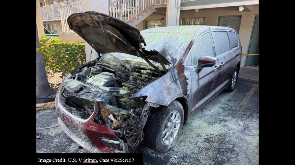 Kendarius Devonta Stitten, 26, of Parrish, pleaded guilty to arson after he admitted to setting a van on fire in a motel parking lot in Bradenton, according to the U.S. Department of Justice.