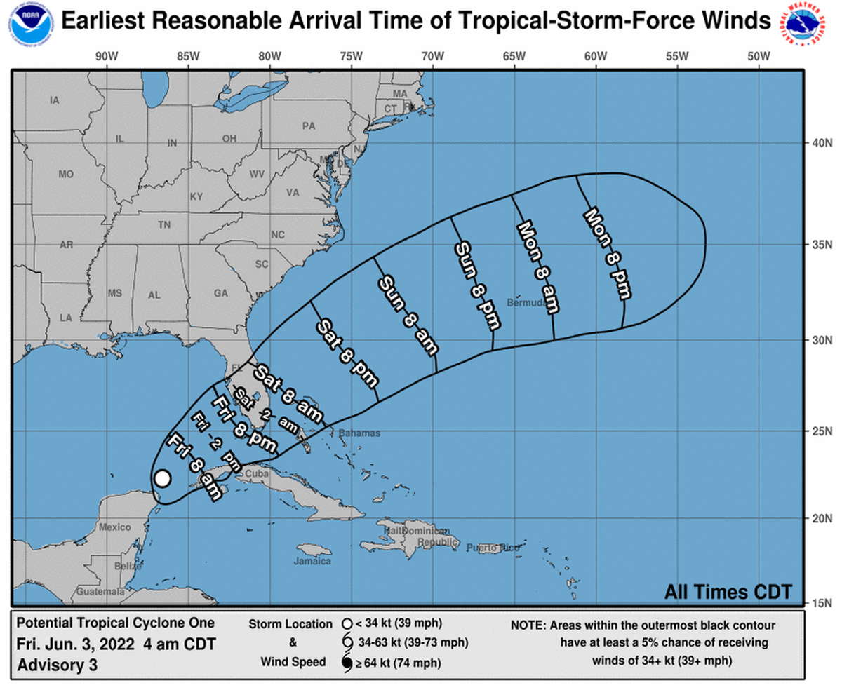 Wind timing forecast for potential tropical storm Alex as of Friday morning