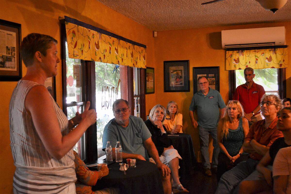 Democratic candidate for Florida House of Representatives District 73 Tracy Pratt speaks at Ortygia Restaurant in Village of the Arts.