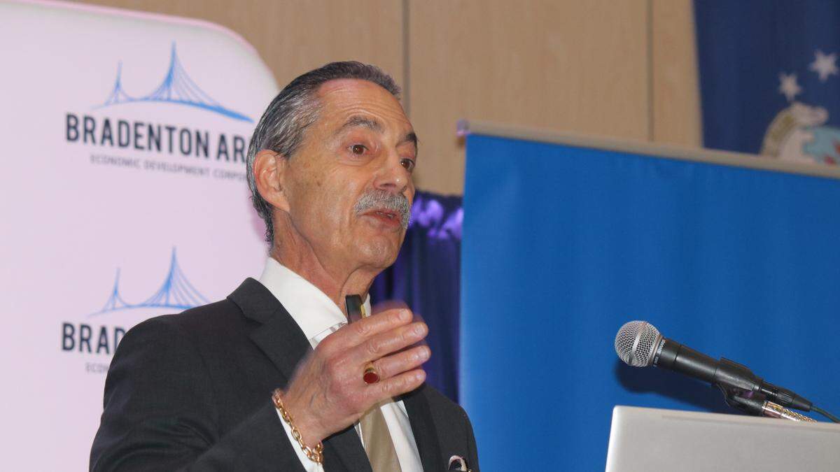 Hank Fishkind presents his annual economic forecast to the Bradenton Area Economic Development Corp. Thursday at Manatee Technical College.