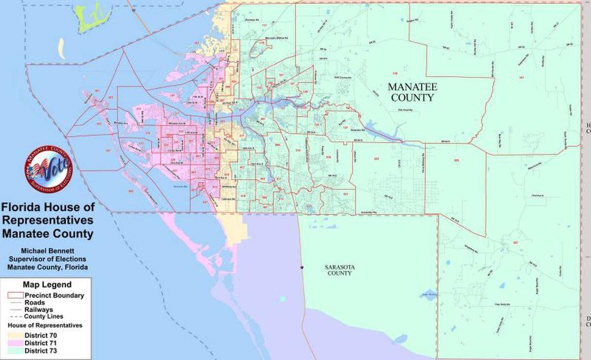 Three Florida House of Representatives districts encompass parts of Manatee County.