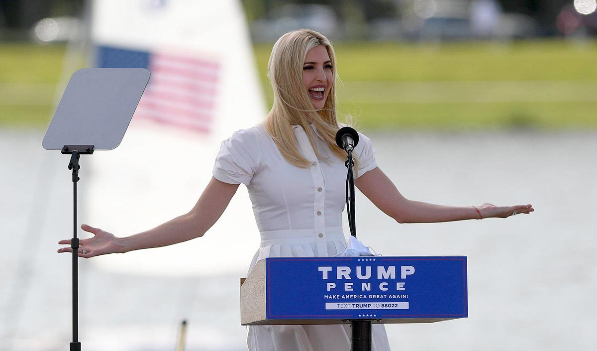 Ivanka Trump speaks to a crowd at a Trump rally at Nathan Benderson Park in Sarasota Tuesday afternoon