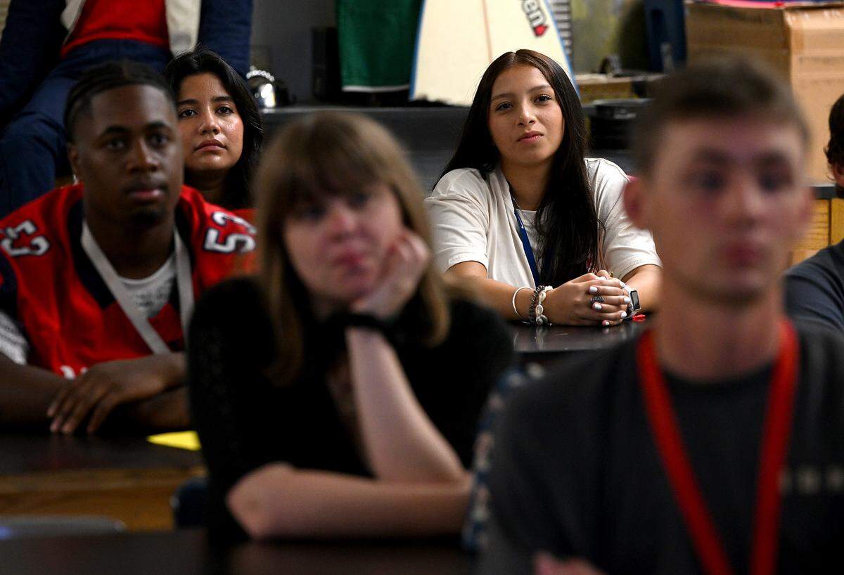 Students in Manatee High’s marine sciences class on the first day of school.