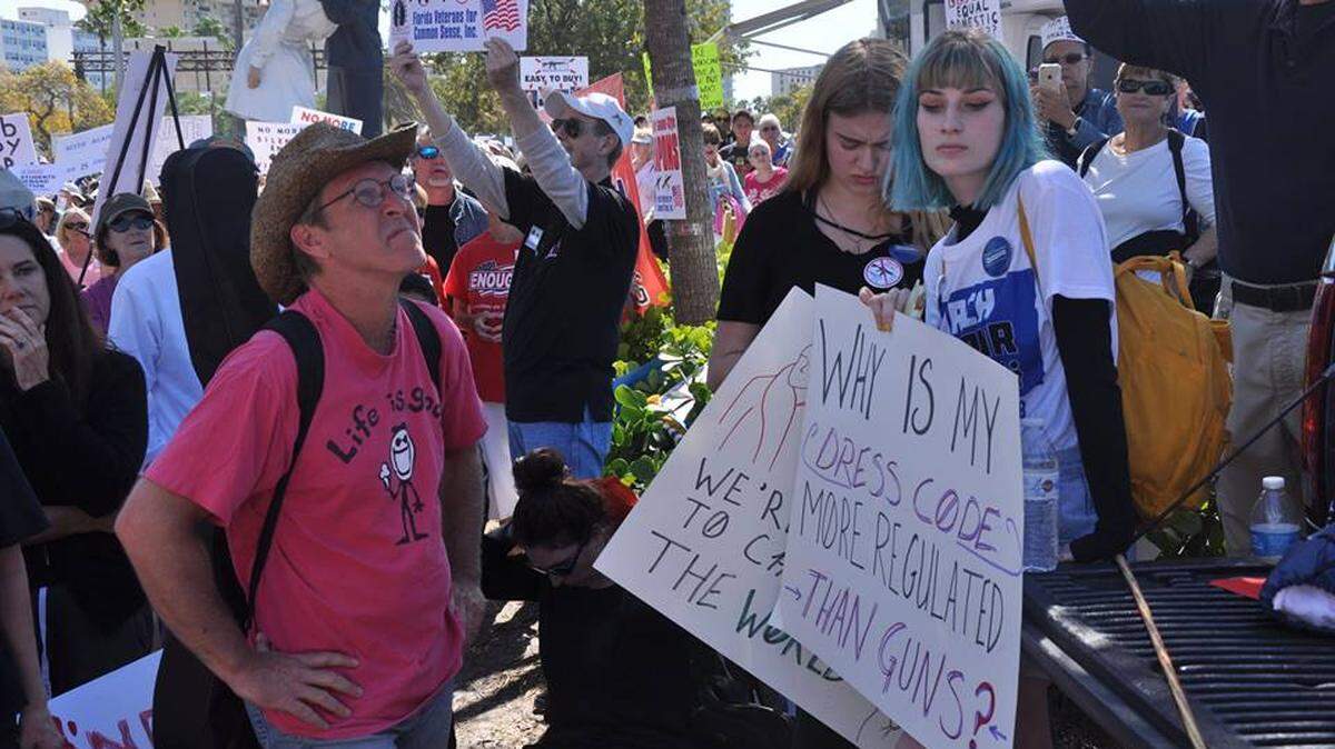 Gee Basilone (right), spoke in favor of gun reform at the March for Our Lives rally in Sarasota on March 24. She is now joining friends to plan a walkout at Lakewood Ranch High School on Friday.
