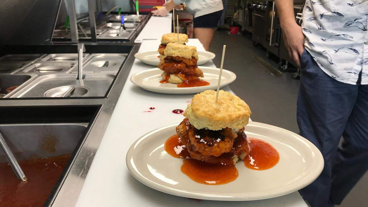 “Squawking Goat” is one of the popular offerings at Maple Street Biscuit Company, 8491 Cooper Creek Blvd., unit 107, in University Park. Ingredients include fried chicken breast, a fried goat cheese medallion, and house-made pepper jelly on a biscuit.