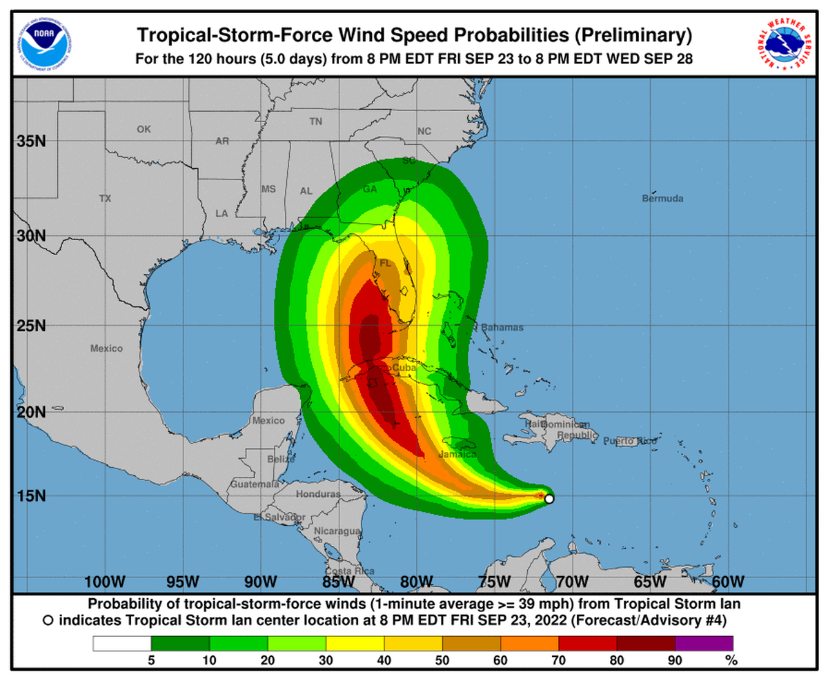 Predicted wind speeds for Tropical Storm Ian as of 11 p.m. Friday