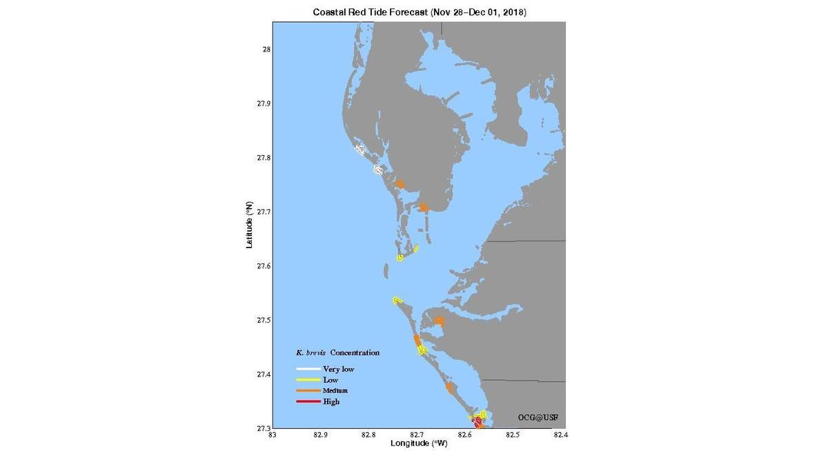 A map produced by the College of Marine Science at University of South Florida and the Florida Wildlife Research Institute depicts red tide forecasts through December 1, 2018.