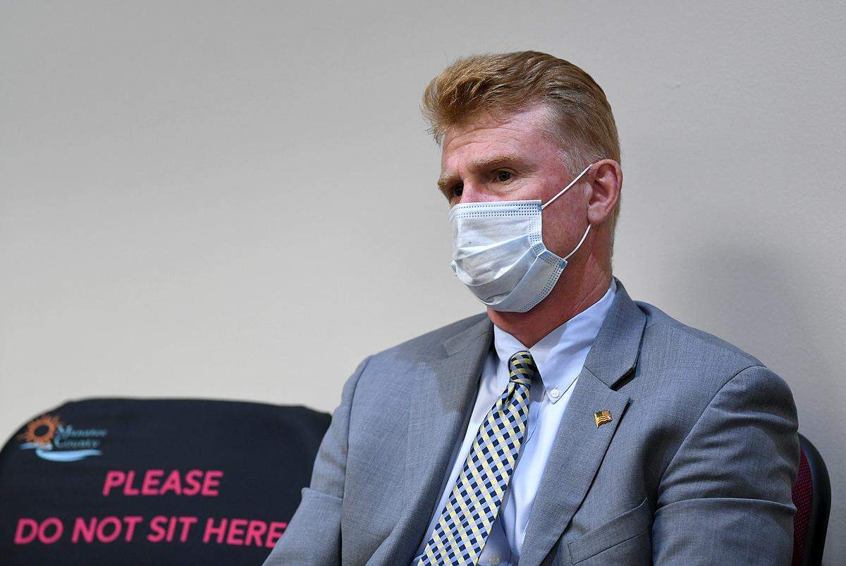 02/23/21--Charles Hines, a former Sarasota commissioner, sits in a meeting of the Manatee County Commission where the board unanimously approved a separation agreement that Cheri Coryea negotiated with her legal team and the County Attorney’s Office.