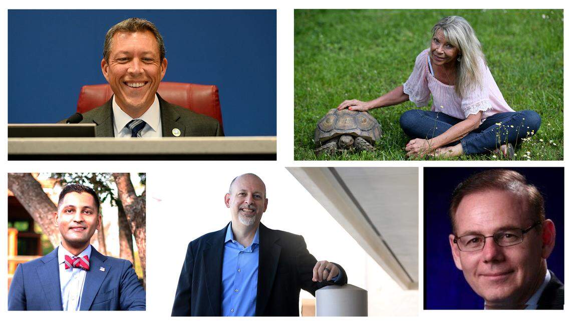 Clockwise from top left: George Kruse, Carol Ann Felts, Robert McCann, Scott Farrington and Tal Siddique came out winners in Manatee County’s primary election on Tuesday, Aug. 20.