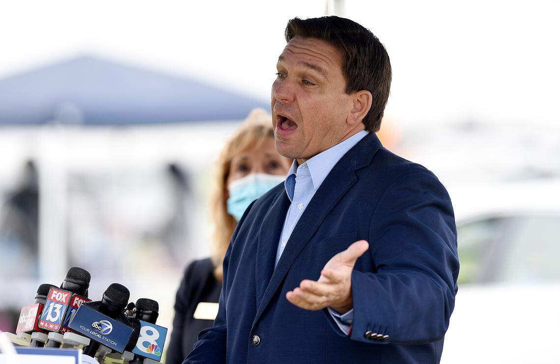 02/17/21--Gov. Ron DeSantis made a stop in Manatee County on Feb. 17 to host a press conference at the Lakewood Ranch pop-up COVID-19 vaccination site aimed at inoculating more senior citizens. DeSantis faced criticism over the site, which stands to vaccinate some of Manatee’s wealthiest residents.
