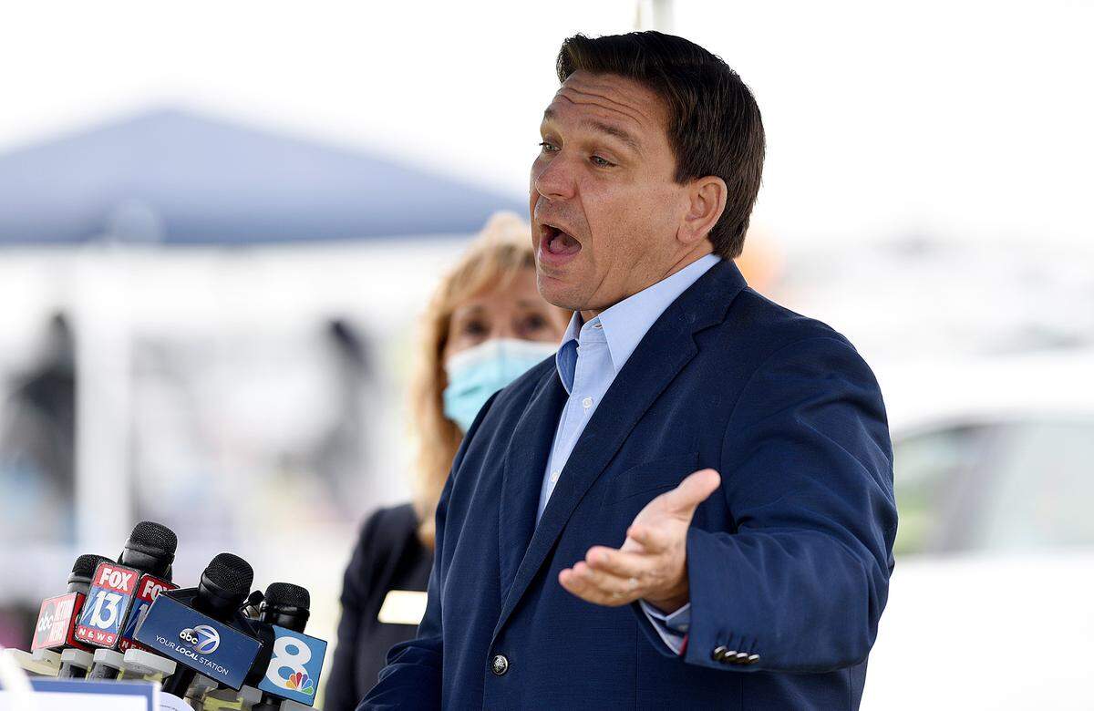 Gov. Ron DeSantis made a stop in Manatee County on Feb. 17, 2021, to host a press conference at the Lakewood Ranch pop-up COVID-19 vaccination site aimed at inoculating more senior citizens. DeSantis faced criticism over the site, which exclusively offered to vaccinate some of Manatee’s wealthiest residents.