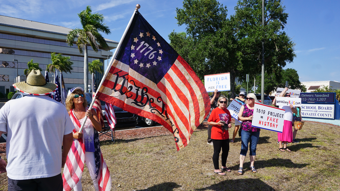 More than 60 people gathered at 215 Manatee Ave. W. in Bradenton to protest the school board’s mask mandate on Tuesday afternoon. A handful of other people denounced critical race theory and the 1619 Project, though neither were included in Manatee’s public school curriculum, Superintendent Cynthia Saunders has said.