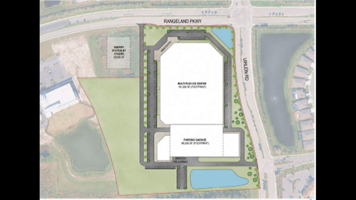 A preliminary site plan shows the early design of Project Grace, a 2,500-seat indoor sports complex with four ice rinks and other amenities, planned for the southwest corner of Uihlein Road and Rangeland Parkway in Lakewood Ranch.