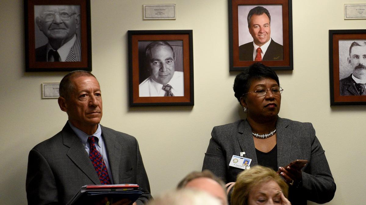 In this 2018 file photo, Deputy Superintendent Ron Cirrana and Manatee’s former superintendent, Diana Greene, attend a county commission meeting.