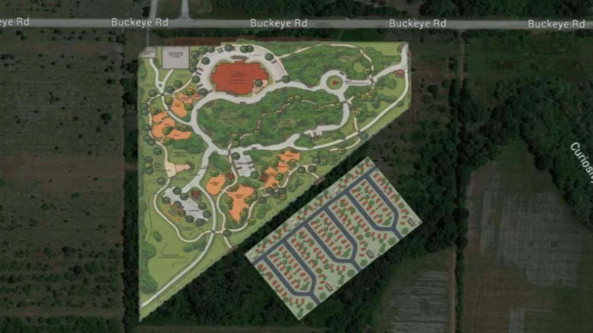 An unofficial design rendering shows how Manatee County officials could turn a 24-acre property on Buckeye Road into a veteran memorial park and housing for homeless veterans.