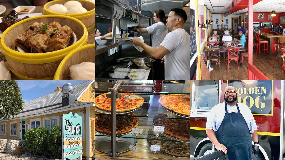 New restaurants that happened opened in the Bradenton area include, clockwise from top left, Dim Sum Kitchen, gRub Tropical BBQ, Tahini Beach Cafe, Ty’s Golden Hog food truck, Agrigento Pizzeria Caffe and The Porch Restaurant. 