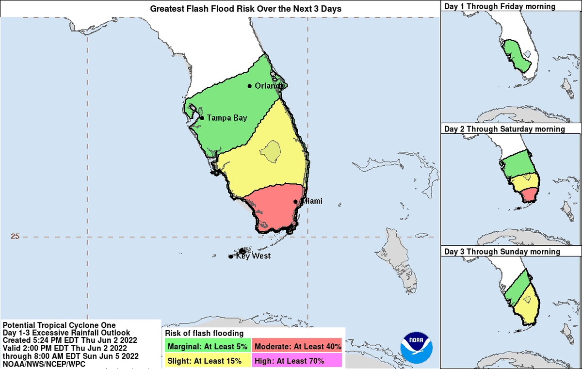 Flash flooding potential for Potential Tropical Cyclone One as of Thursday afternoon, June 2, 2022.