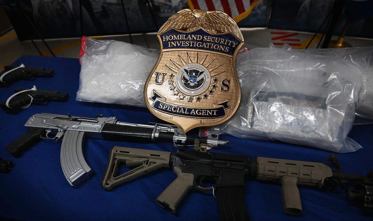 Department of Homeland Security Secretary Kristi Noem visited the DHS offices in Bradenton on Monday, Oct. 20, 2025, to give an update on ICE’s crackdown on illegal immigration.  A collection of impounded drugs and weapons lay on the table in front of Noem’s podium.