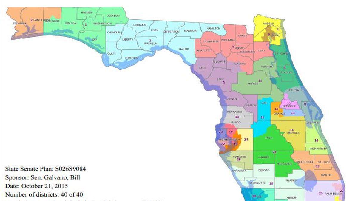 The Florida Senate redistricting map submitted by Sen. Bill Galvano, R-Bradenton.