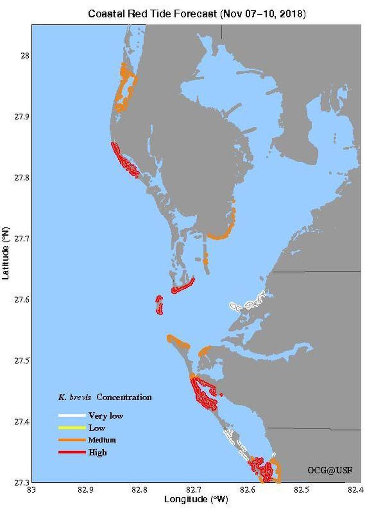 A map depicts coastal red tide forecasts through November 10, 2018.
