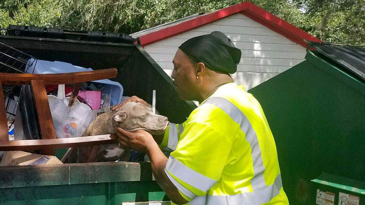 A dog that was tossed into a dumpster inside its crate was rescued by Waste Management workers.