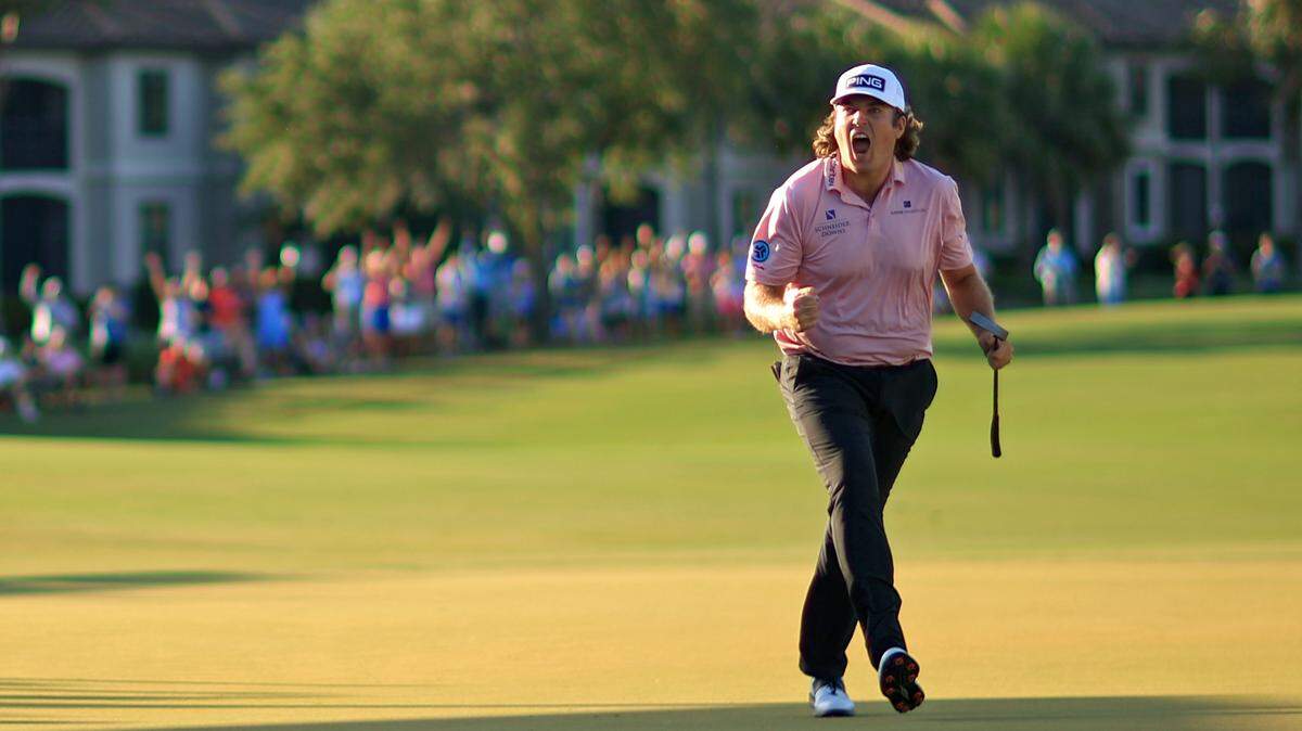 Neal Shipley reacts to a putt on the fifth playoff hole on the 18th hole during the final round of the LECOM Suncoast Classic at Lakewood National Golf Club on April 19, 2025, in Lakewood Ranch, Florida.