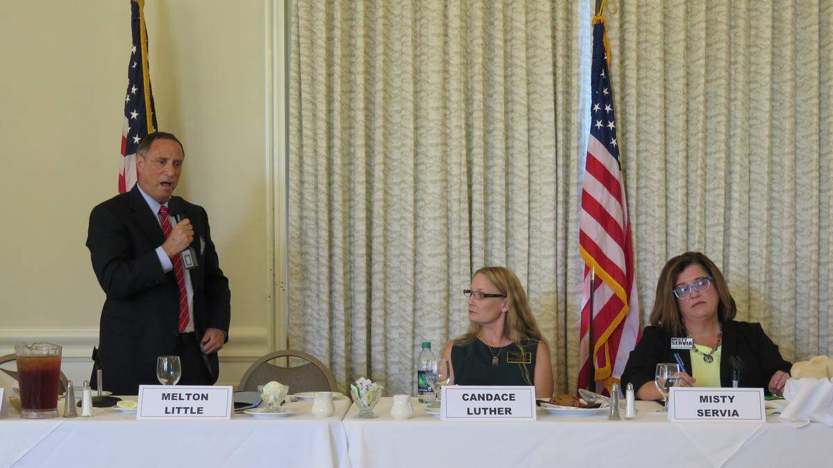 District 4 County Commission candidate Democrat Melton Little answers a question at the Manatee Tiger Bay candidate forum on Oct. 18. He faces Republican Misty Servia (right) in the race to replace Commissioner Robin DiSabatino on the Board of County Commissioners.