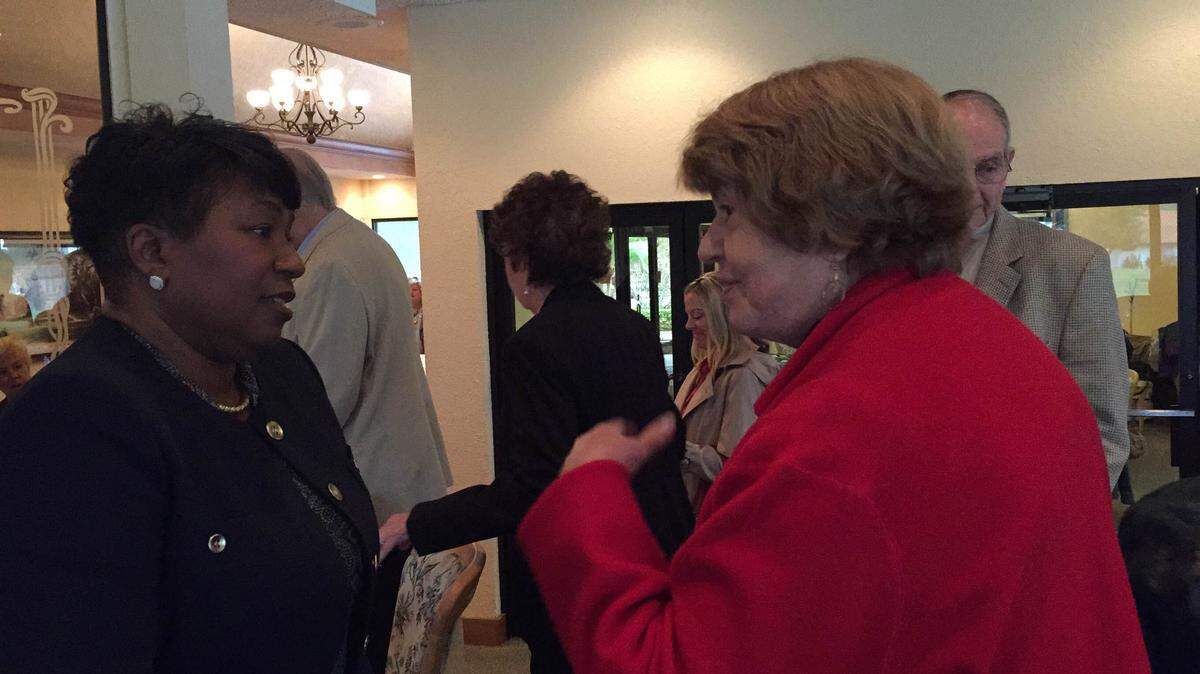 Manatee County School District Superintendent Diana Greene speaks to Arlene Wehner, a member of the East Manatee Republican Club, after speaking during a luncheon on Thursday. MEGHIN DELANEY / Bradenton Herald