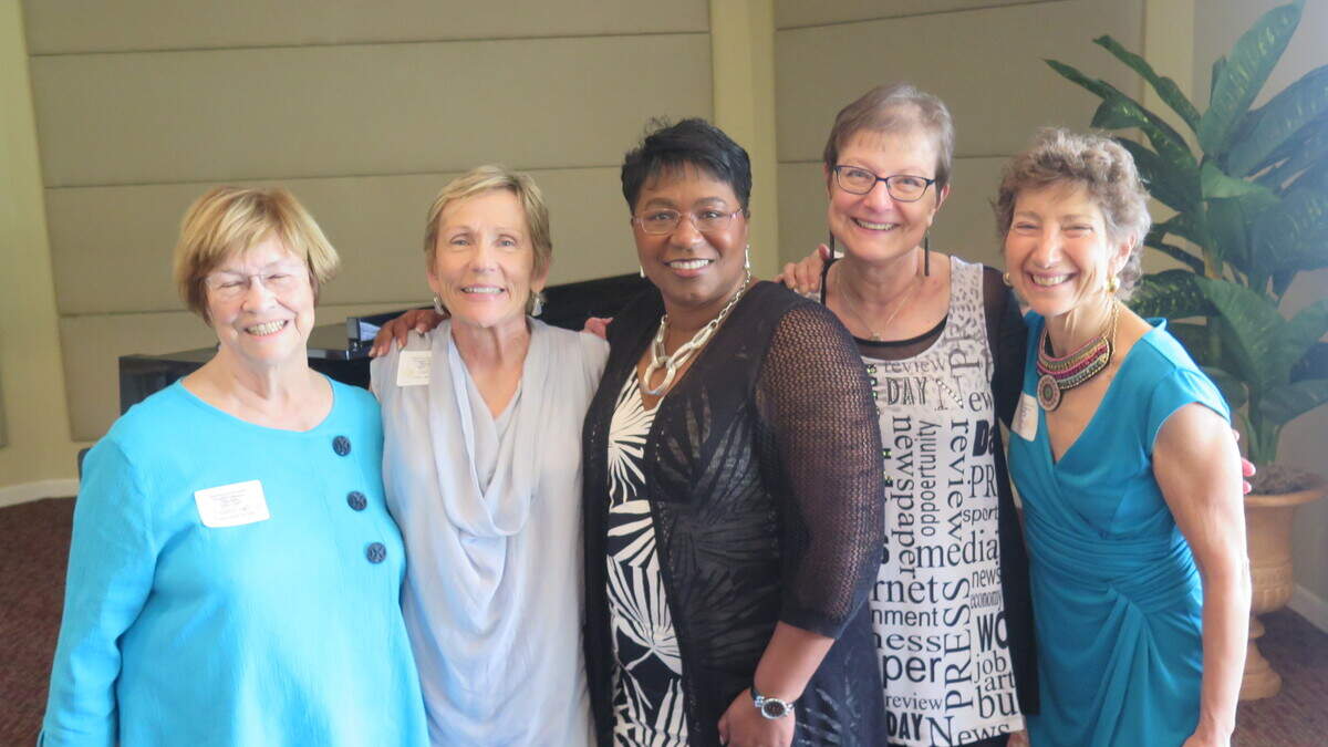 (From left) Carolyn Reynolds, Carla Nierman, Dr. Diana Greene, Joan Krauter and Jane Plitt gather for a group photo during Saturday's luncheon. All five women were awarded for being women of leadership in Manatee County.
