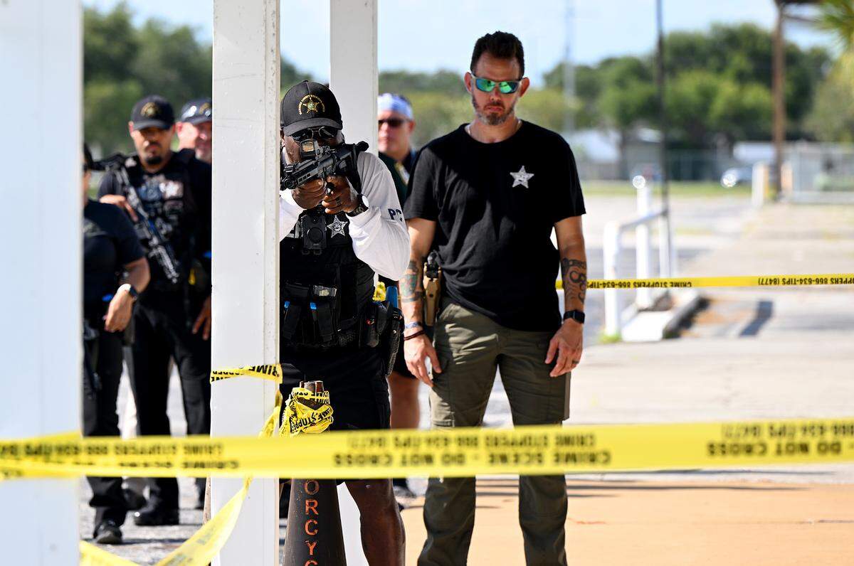 School resource officers are trained for active shooter situations by members of the Manatee County Sheriff’s SWAT team at MTC West on Tuesday, Aug. 2.