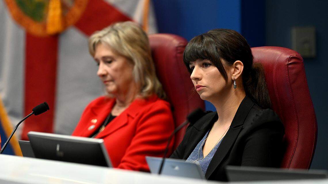 Commissioner Amanda Ballard (right), who proposed a series of changes in Manatee County libraries Tuesday, listens during a public meeting on November 29, 2022.