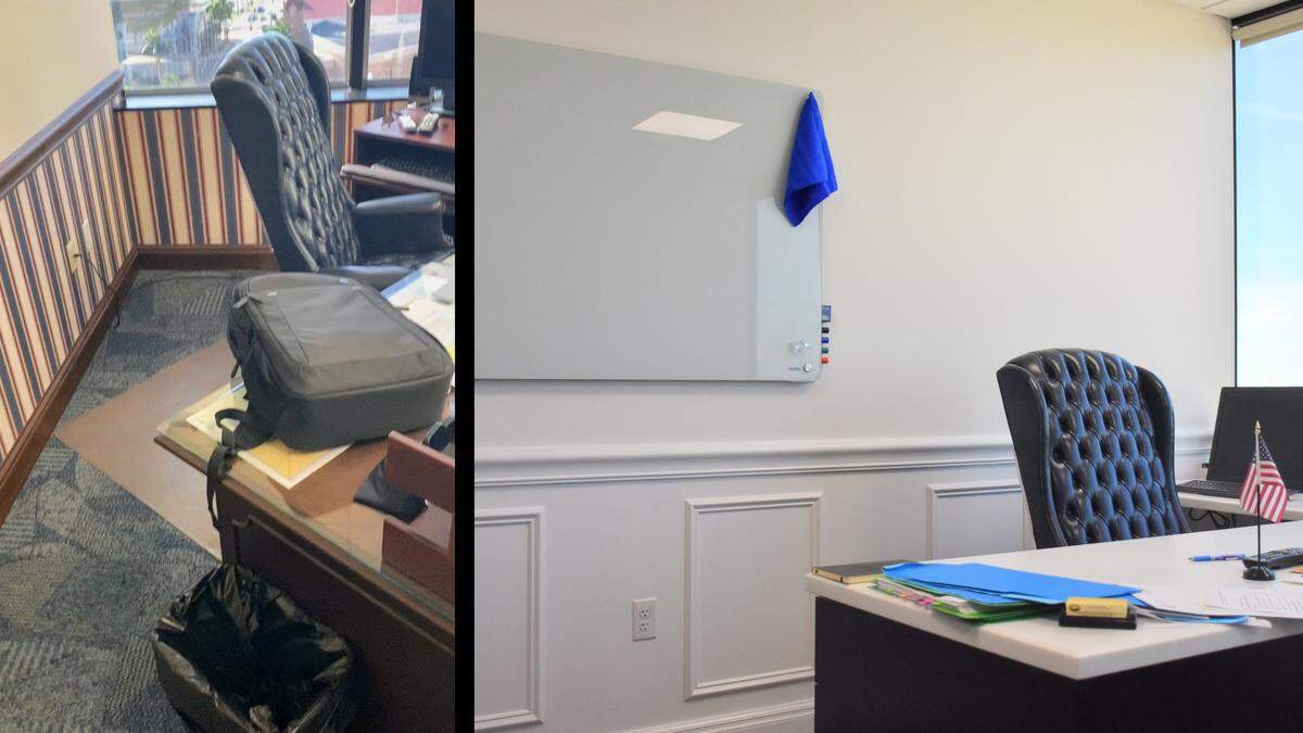 Manatee’s new commissioner spent thousands improving their offices, including $2,000 for a shiplap accent wall and more than $4,000 on couches, loveseats and recliners. In interviews with the Bradenton Herald, they said they tried to make modest adjustments to offices that haven’t been updated in years. Left: A picture of Commissioner James Satcher’s District 1 office from Nov. 16, 2020. Right: Satcher’s office has been given a more modern look in recent weeks.