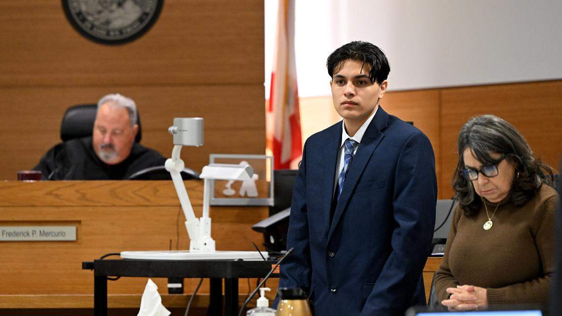 Jacob Maldonado stands with his attorney, Connie Mederos-Jacobs while undergoing a joint trial with David Consuegra, Jr. presided over by Judge Frederick Mercurio at the Manatee County Judicial Center for a 2020 fatal shooting.