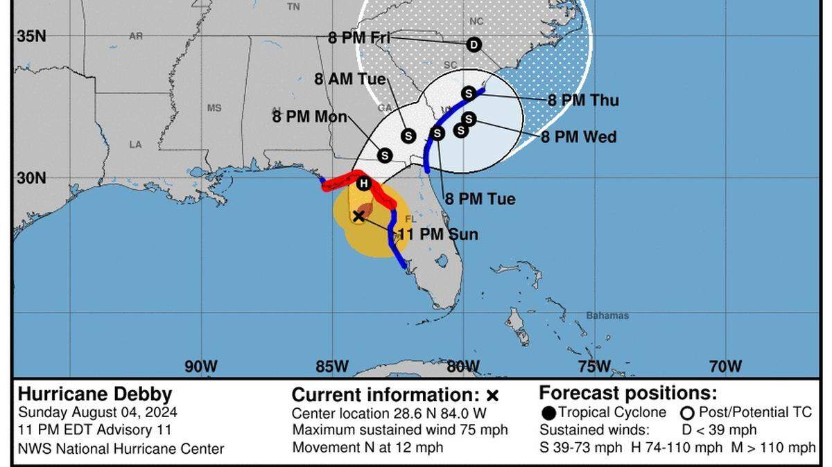Tropical Storm Debby became Hurricane Debby late Sunday night as it was located about 100 miles west of Tampa, according to the National Hurricane Center. Heavy rain and flooding threats are expected to continue through the night in Manatee County.