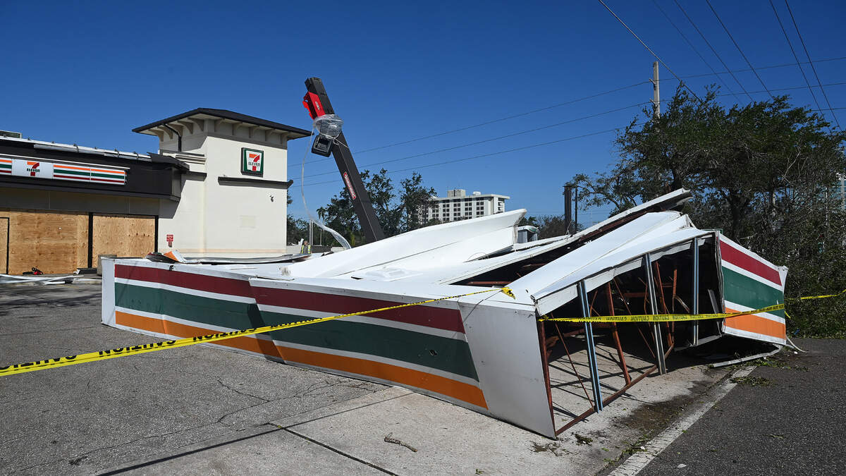 The 7-11 at 902 14th St. West in Bradenton, Fl., lost the roof over the gas pumps after Hurricane Milton. Thursday, Oct. 10, 2024.
