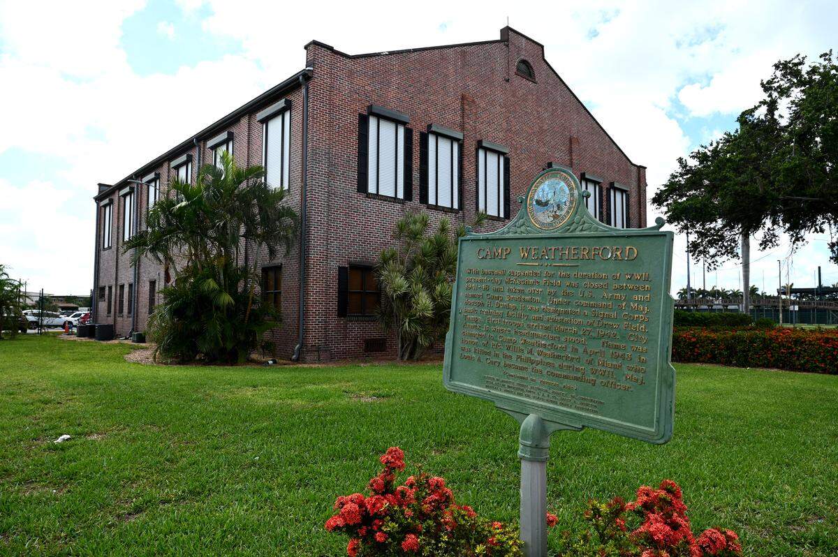 The Manatee County Tourist Development Council recommended the Manatee County Commission contribute $5 million over three years to transform the city’s Crowley Public Works site adjacent to LECOM into a third field. A historical marker outside tells the history of the site, saying that baseball was halted during WWII so the land could be used as a basic training site between 1941-48.