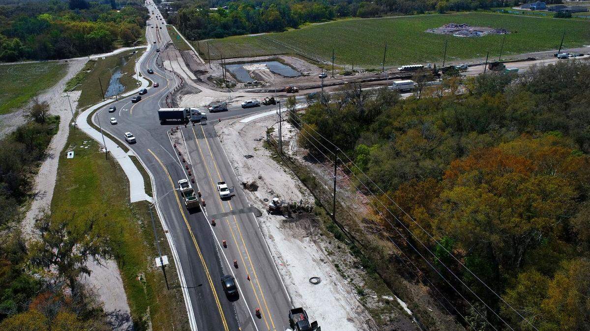 Construction of a roundabout at the intersection of U.S. 301 and Moccasin Wallow Road on Feb. 28, 2024.