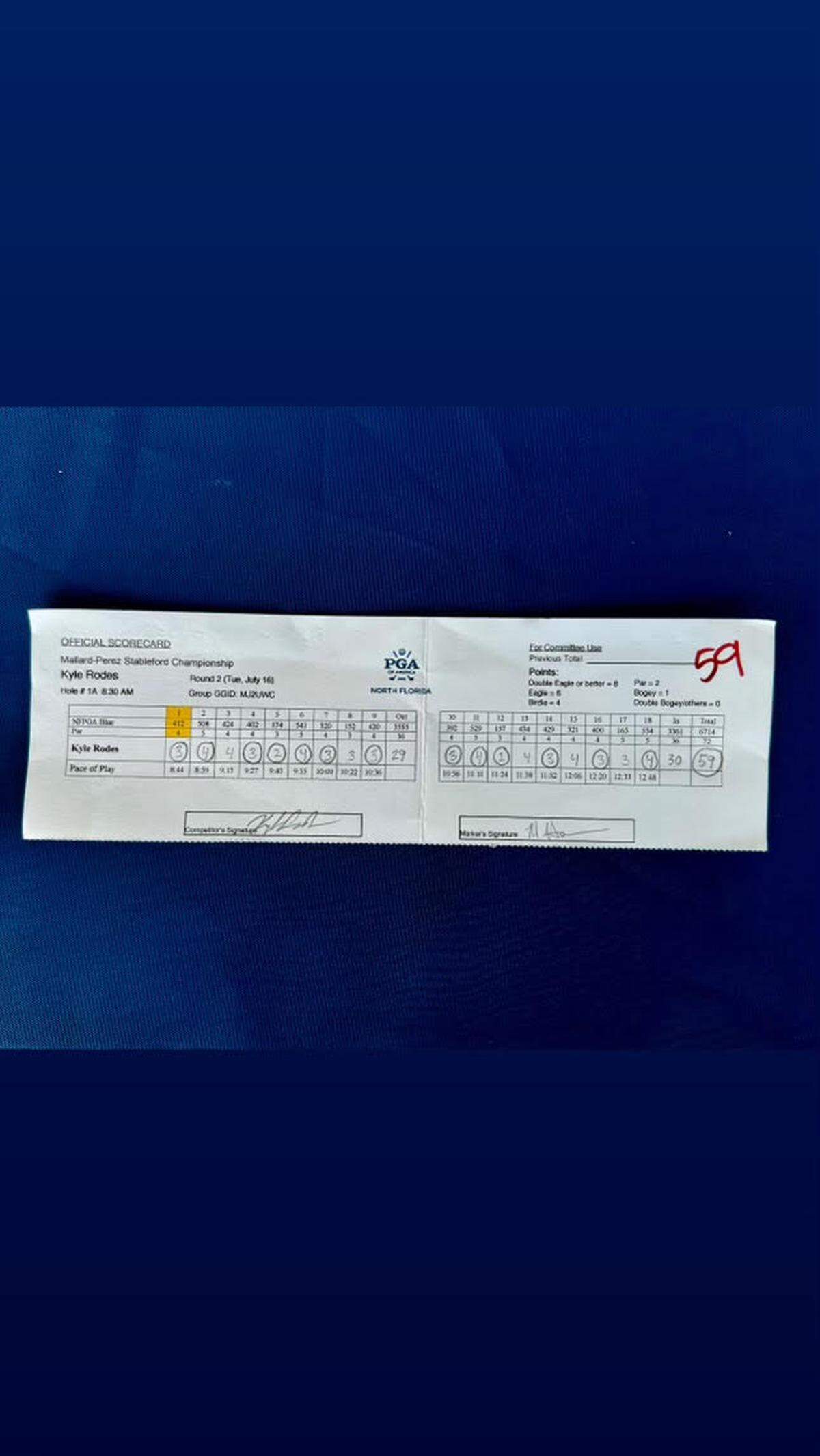 Lakewood Ranch resident Kyle Rodes, 29, carded a 59 on Tuesday, July 16, 2024 at the Esplanade at Azario Lakewood Ranch golf course. It’s a course record.