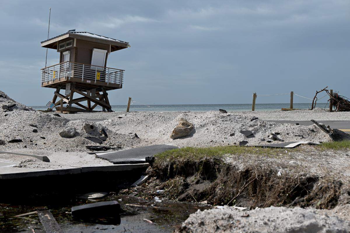 Tower 4 on Cortez Beach in Bradenton Beach on Anna Maria Island after Hurricane Milton on Oct. 11, 2024.