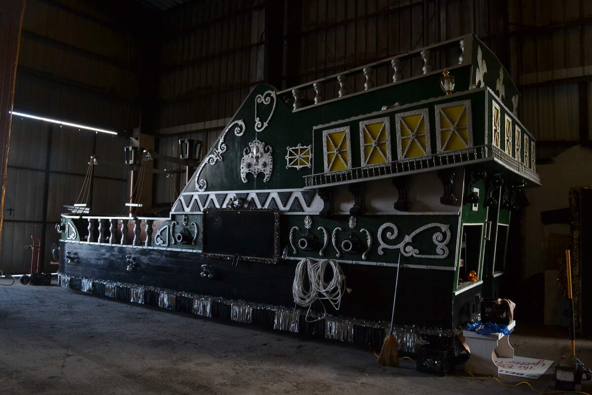 This grand green ship float was created specifically for TECO Energy. They use it in about 10 parades a year. The rest of the year it is available for others to rent.