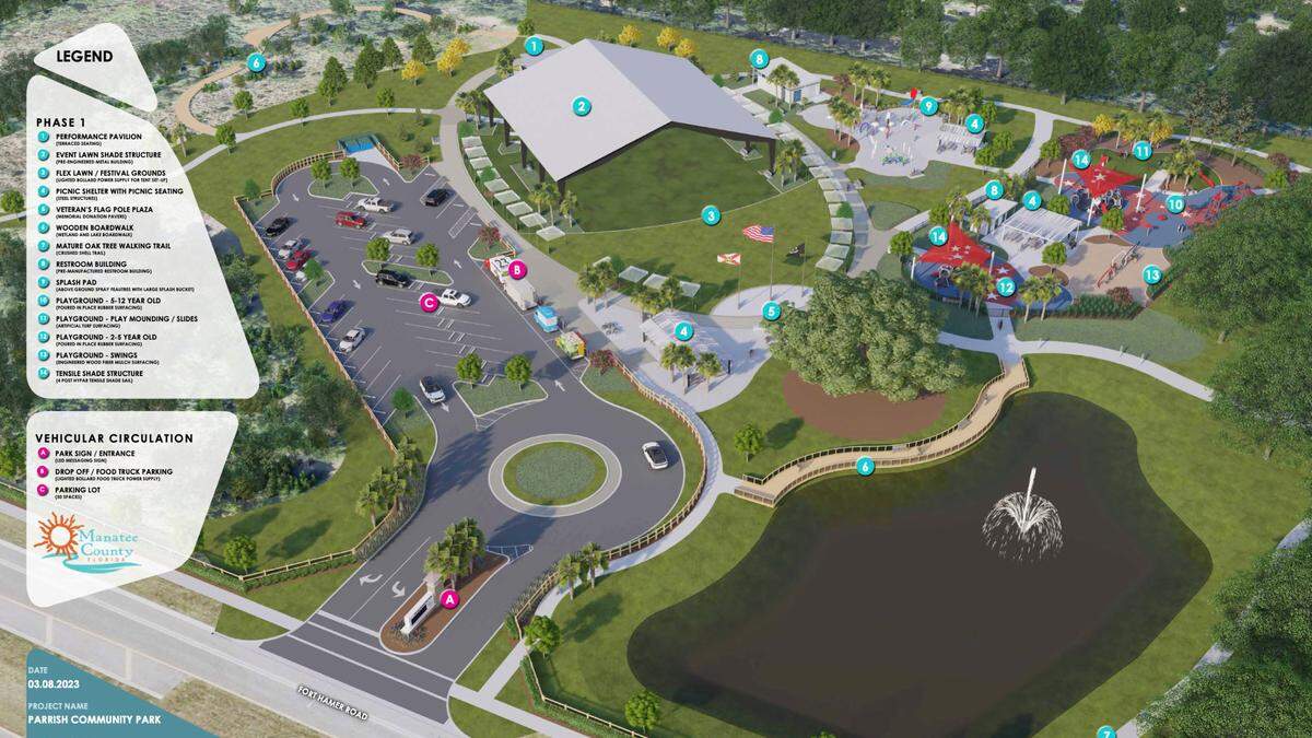 An architectural rendering for Parrish Community Park shows off several amenities, including a wooden boardwalk, a splash pad area, various playgrounds and a performance pavilion. There are also designated food truck parking spots for events.