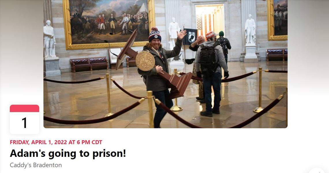 Screenshot of the Facebook of an event “Adam is going to prison” being hosted by Adam Johnson of Parrish, who was sentenced to serve 75 days in prison for his role in the Capitol riot.