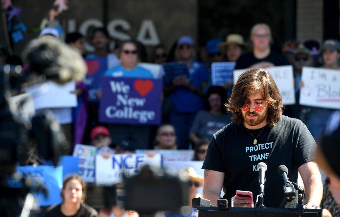 Chai Leffler, he/they, gathered with students, faculty and alumni near the Sudakoff Center at New College on Feb. 28 before a meeting of the new board of trustees. They made passionate speeches; sharing their experiences and hopes for an inclusive and diverse student body to continue.
