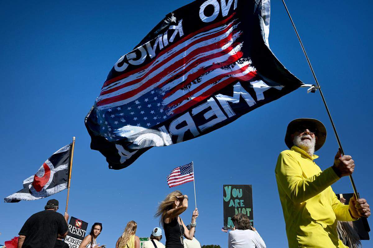 Thousands attended the No Kings protest organized by Indivisible Manatee near the University Town Center along University Parkway in Sarasota during one of the hundreds of rallies held across the country on Saturday, Oct. 18, 2025.