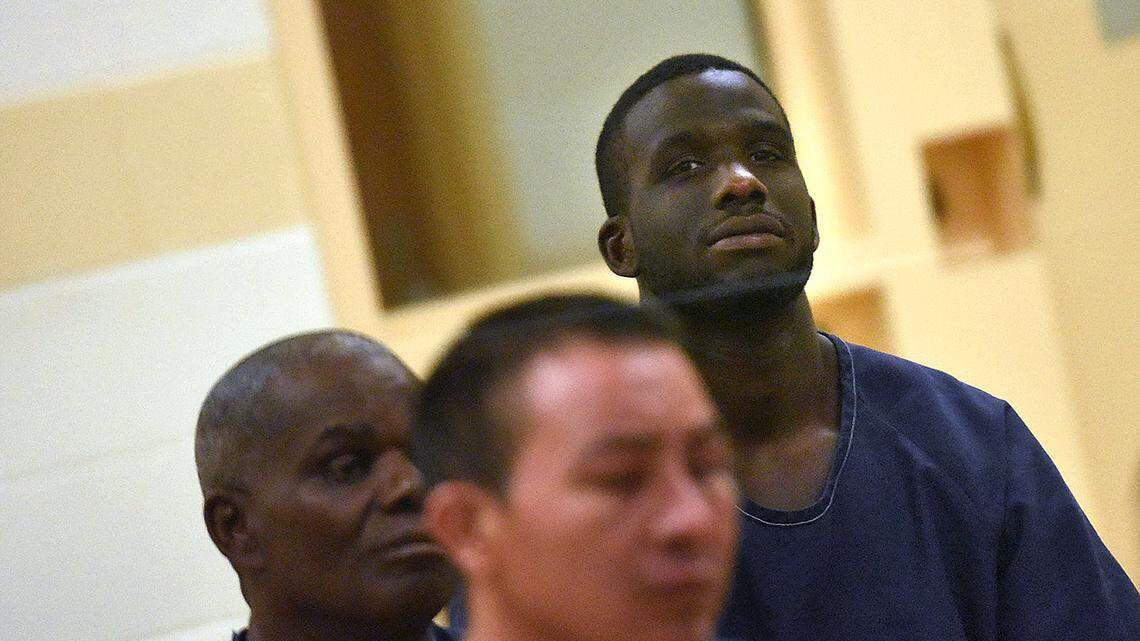 Kelly McPherson, back right, making his first appearance in court via video feed from the Manatee County jail in Sept. 2015 following his arrest in the fatal shooting of Keyvis McCullough. On Wednesday, a jury found him guilty of second-degree murder with a firearm in McCullogh's death.